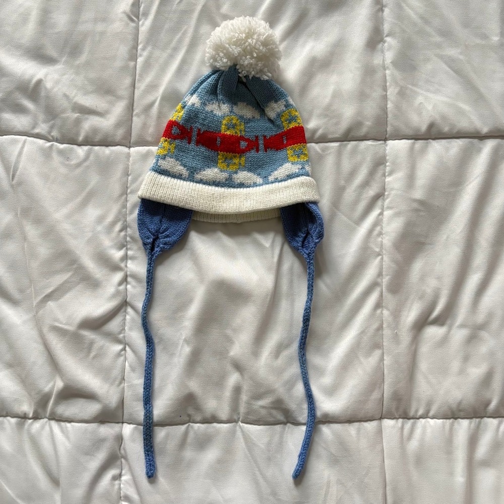 Vintage Mad Hatter The Maine Airplane Knit Earflap Hat Pom Beanie Blue 80s